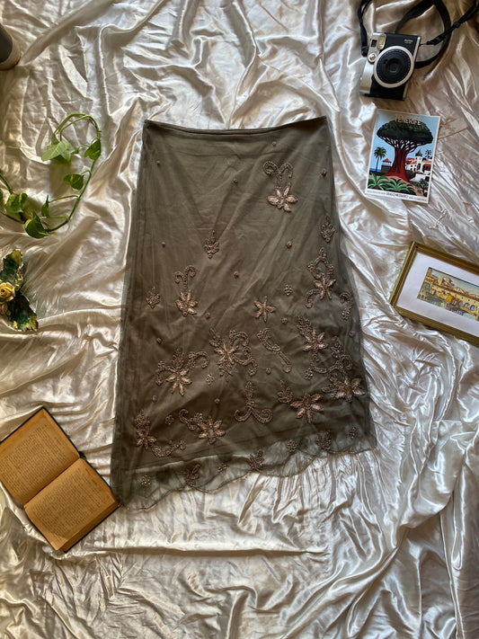 Brand new khaki midi skirt with handbeaded details