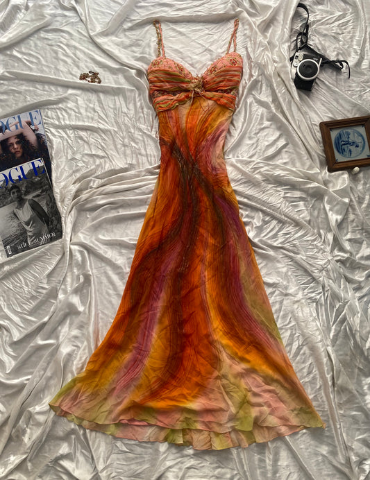 100% silk brand new sunset gown with handbeaded details