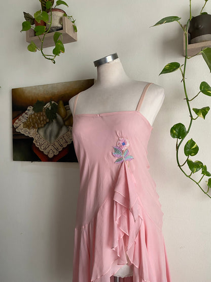 Baby pink ruffled high slit dress