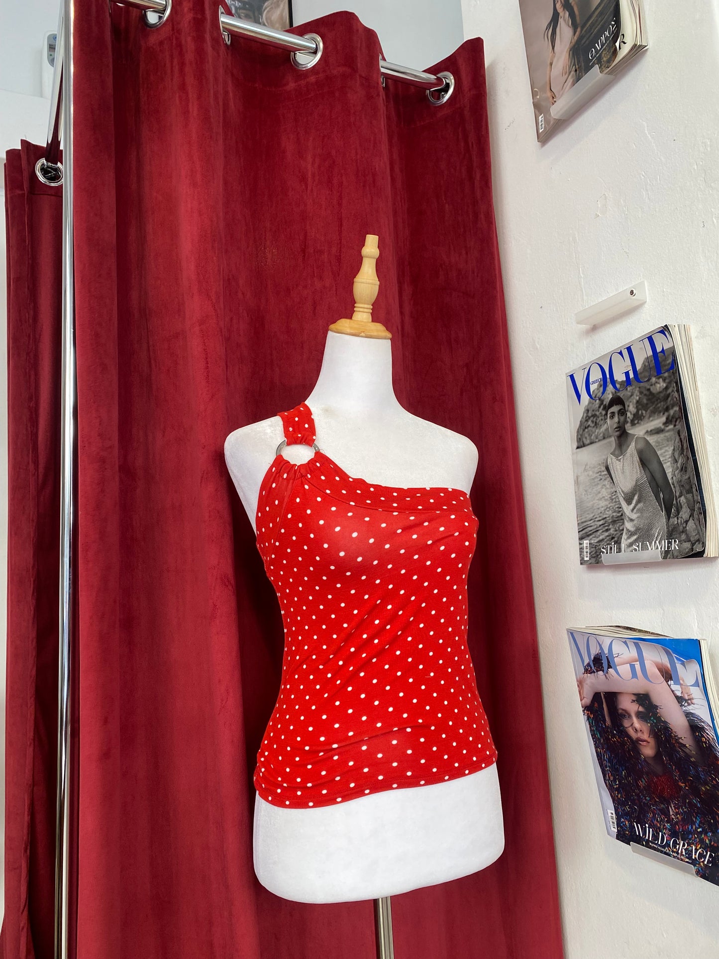 One shoulder red polka dot top