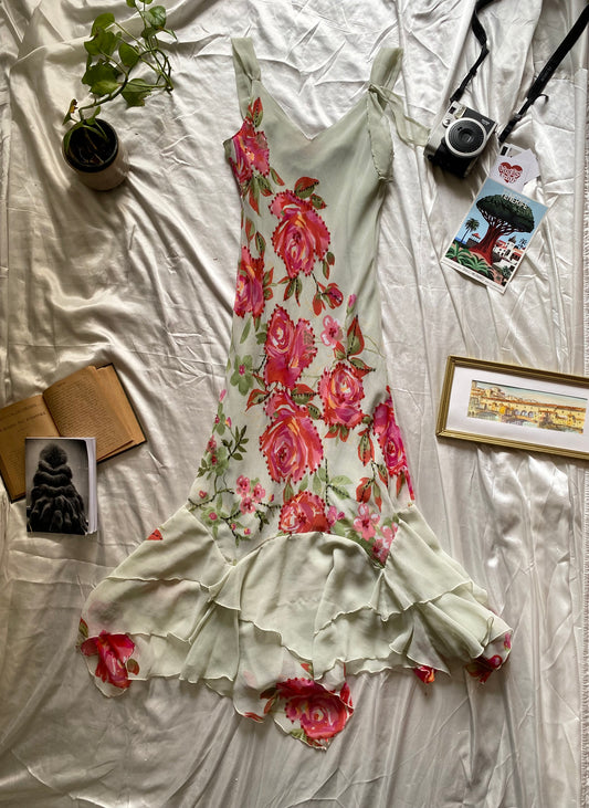 Handbeaded ruffled floral dress