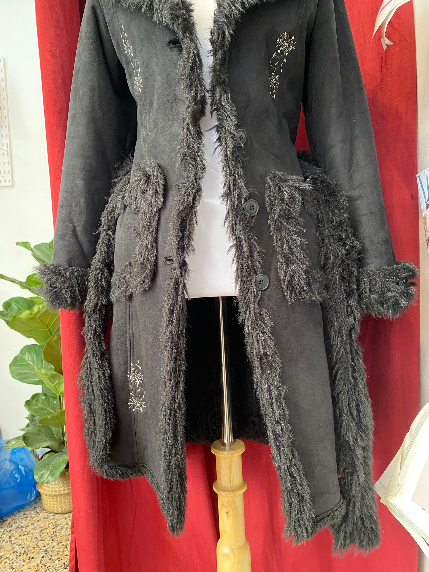 Black long embroidered Afghan coat with vegan fur