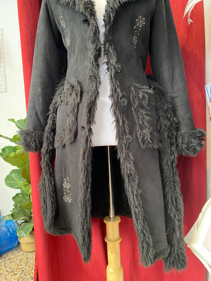 Black long embroidered Afghan coat with vegan fur