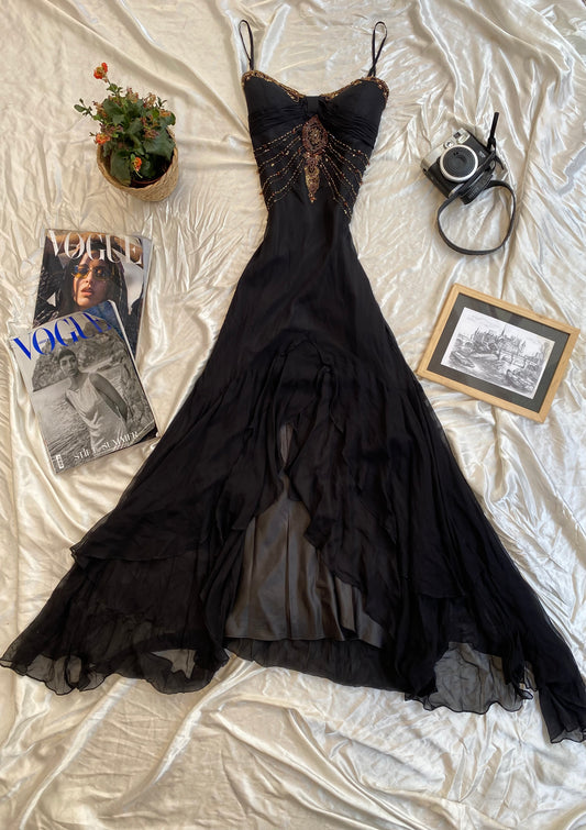 100% silk black handbeaded gown