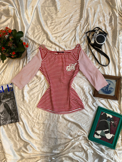 Morgan stripped red top with off the shoulder details