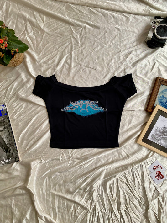 Y2K brand new off the shoulder “angel” crop top