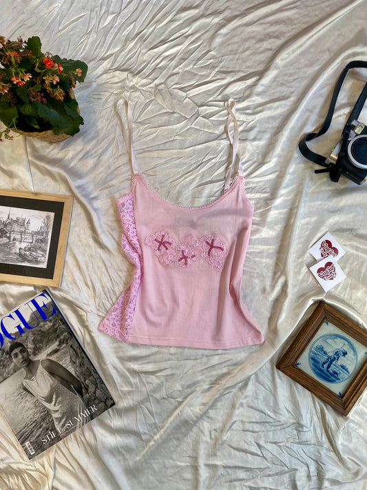 Pink summer top with sequin and lace details