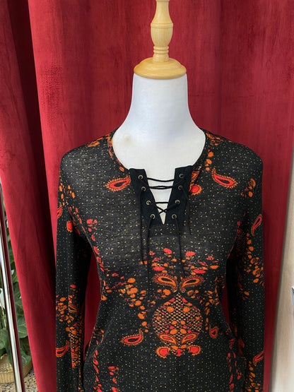 Black lace up multicoloured blouse