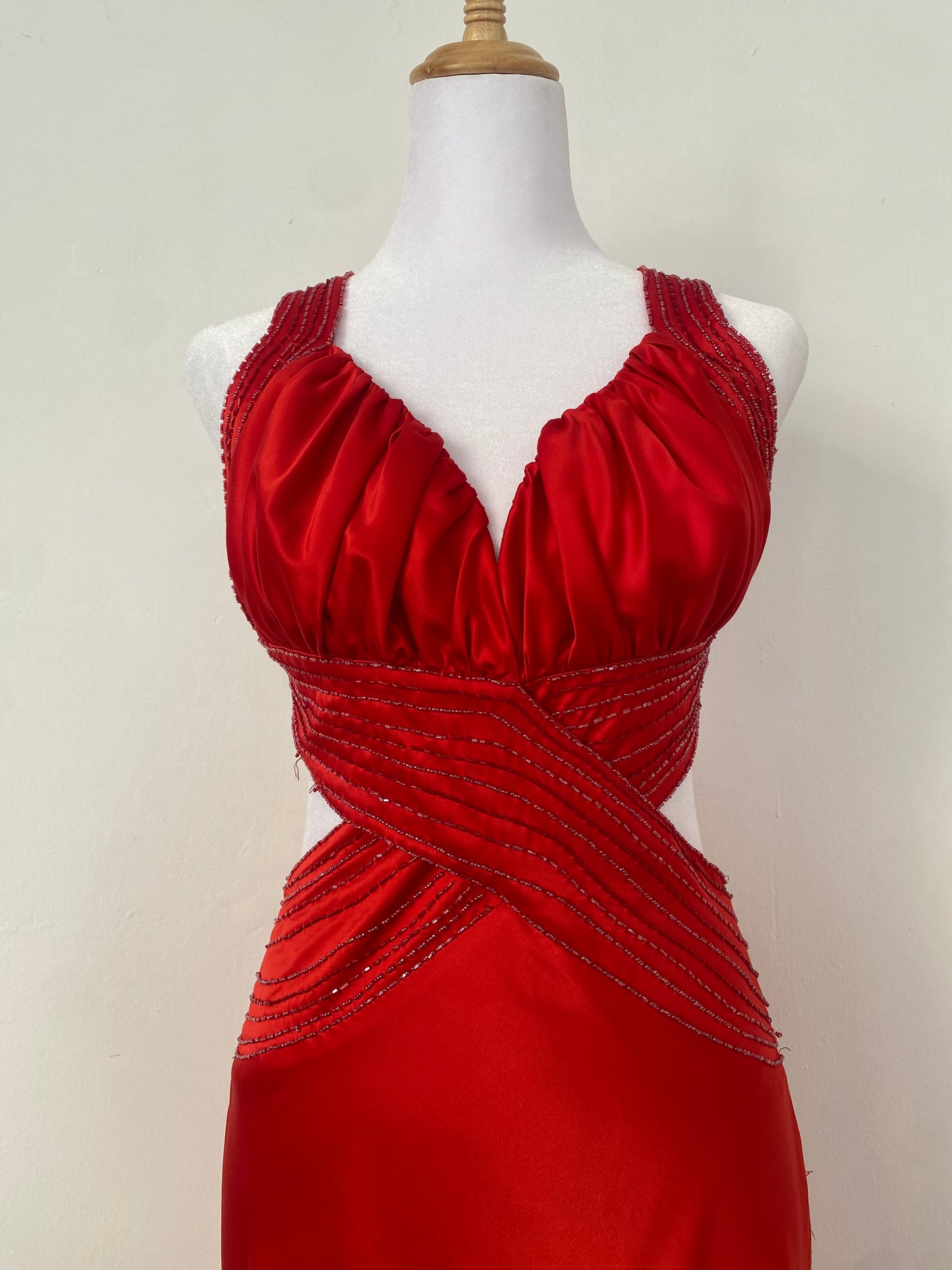 Brand new red satin gown with open back and sequin details