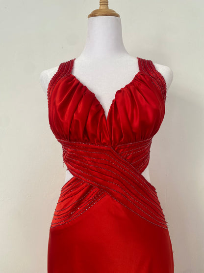 Brand new red satin gown with open back and sequin details