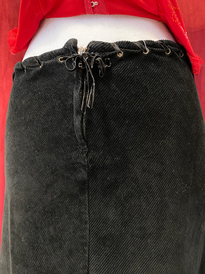 Corduroy midi skirt with leather belt details