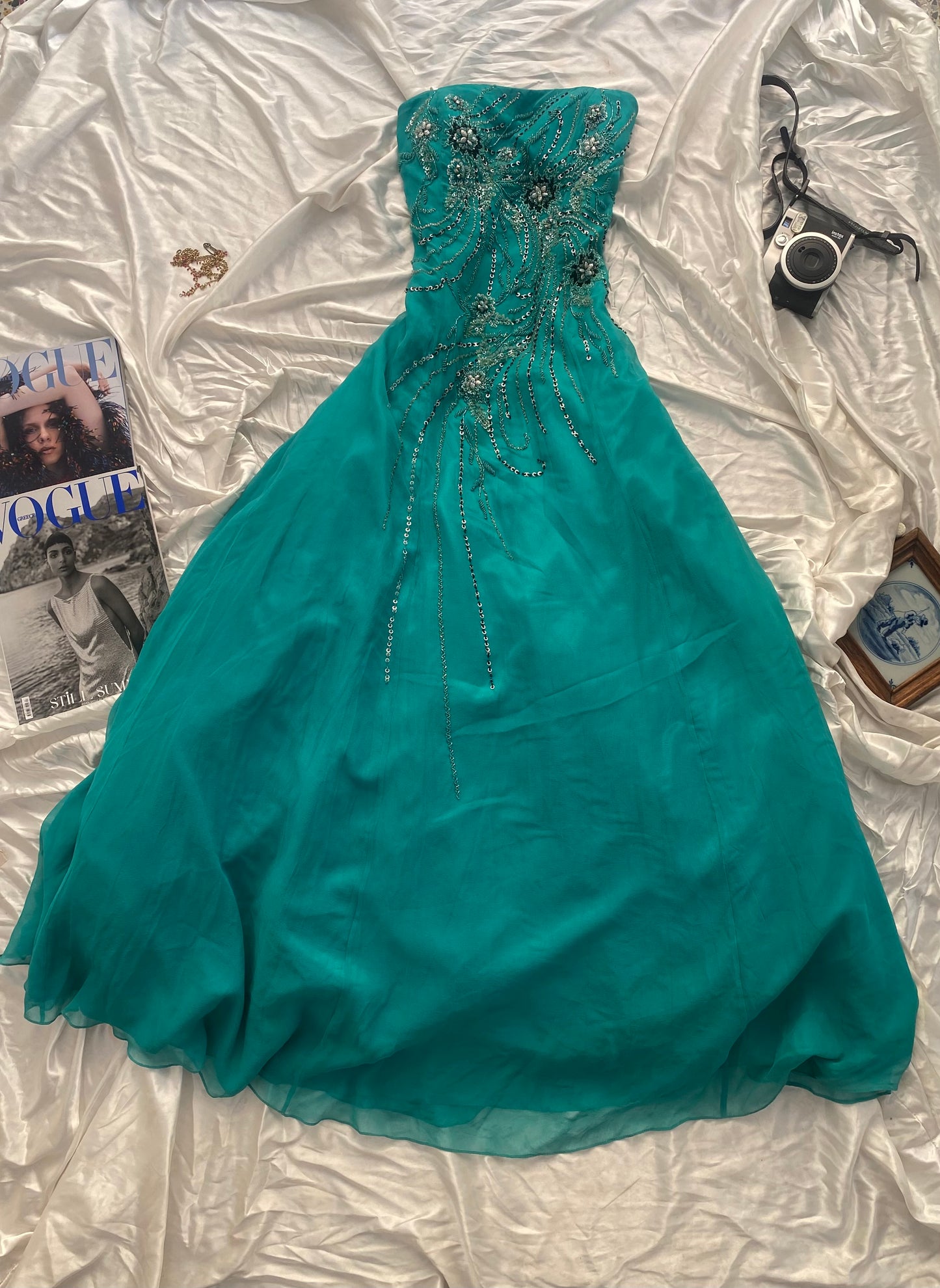 100% silk brand new maxi strapless gown with all over handbeaded details