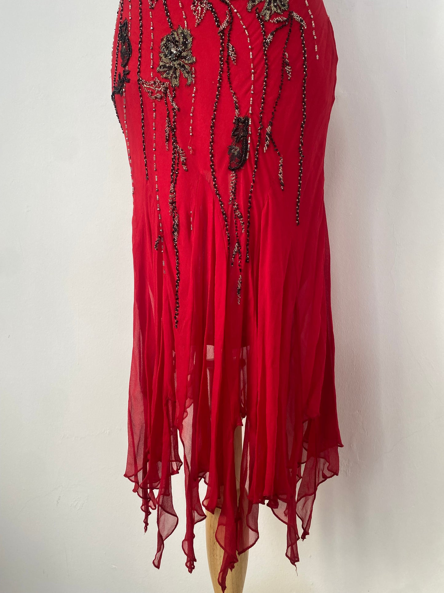 100% silk brand new deep red gown with all over handbeaded details