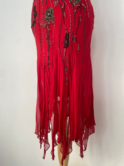 100% silk brand new deep red gown with all over handbeaded details