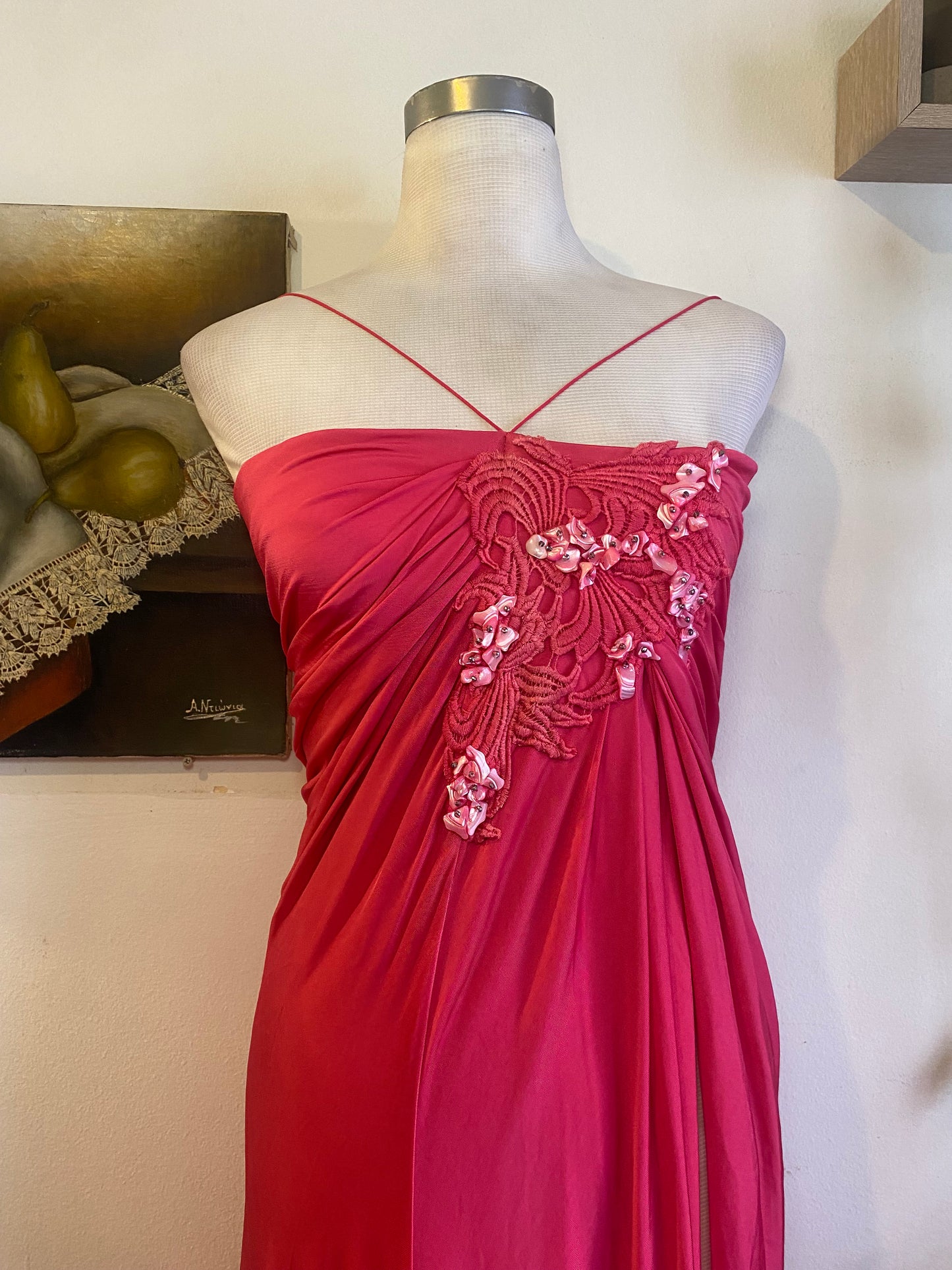 Brand new haute couture high slit pink rushed up dres