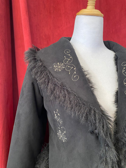 Black long embroidered Afghan coat with vegan fur