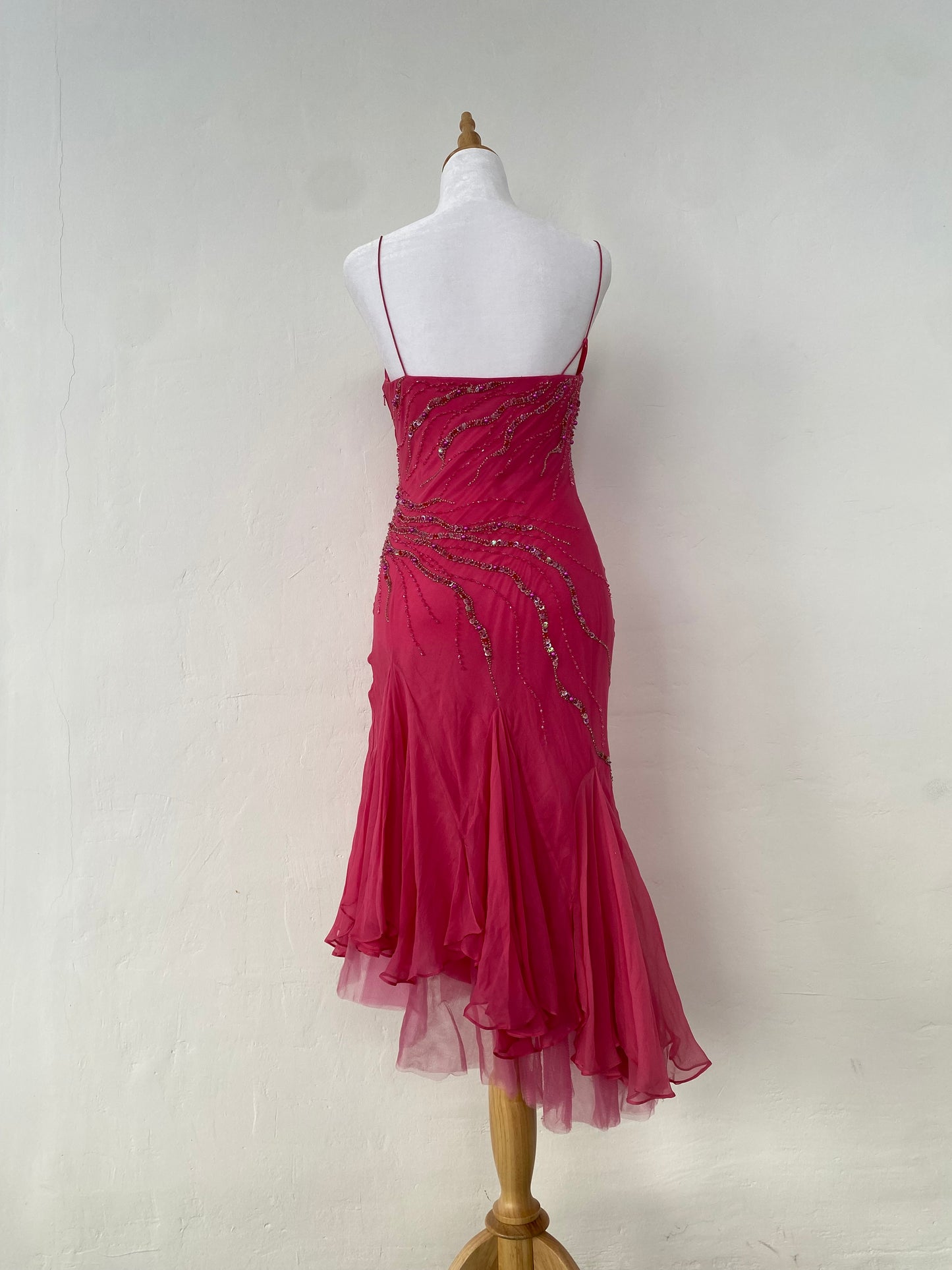 100% silk brand new pink handbeaded ruffled gown