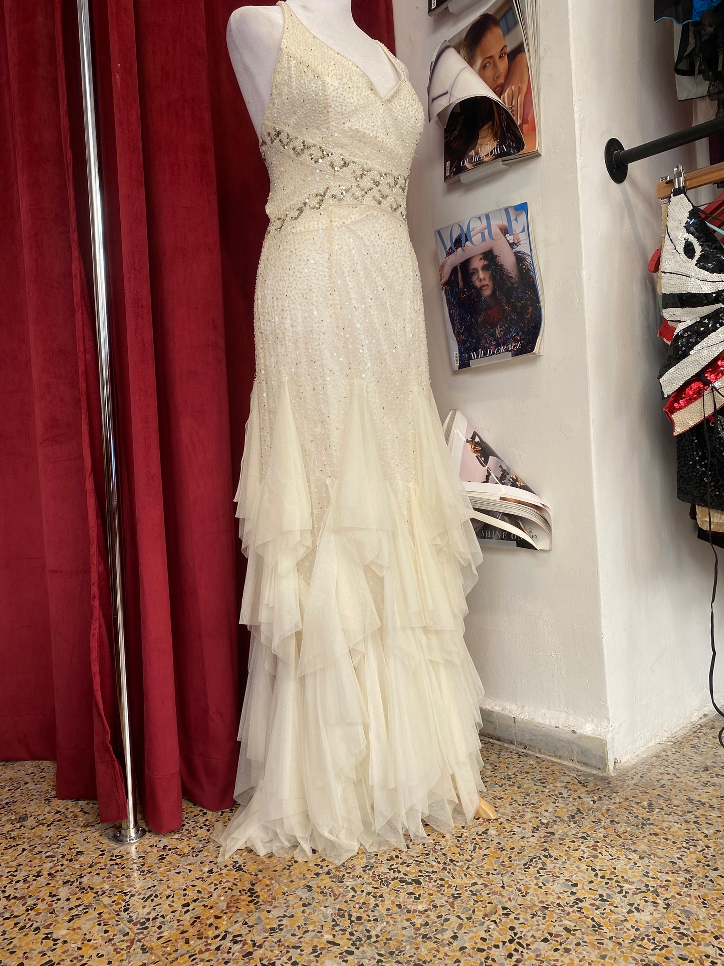 100% silk floor length gown with all over handbeaded details
