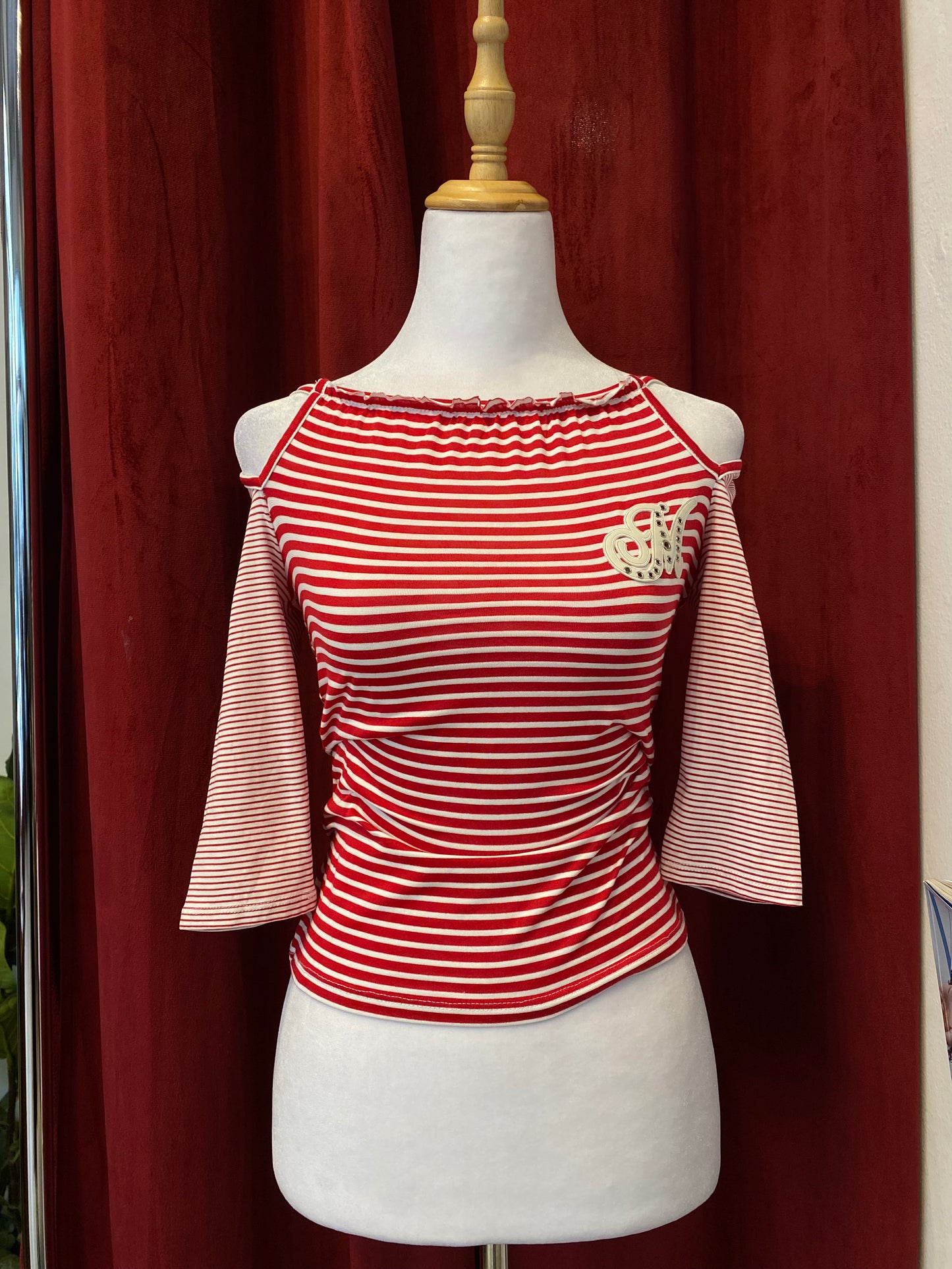 Morgan stripped red top with off the shoulder details