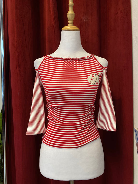 Morgan stripped red top with off the shoulder details
