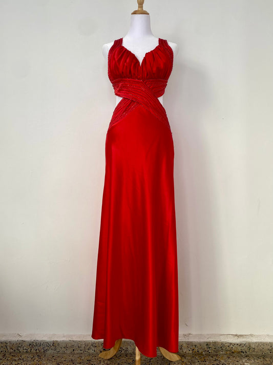 Brand new red satin gown with open back and sequin details