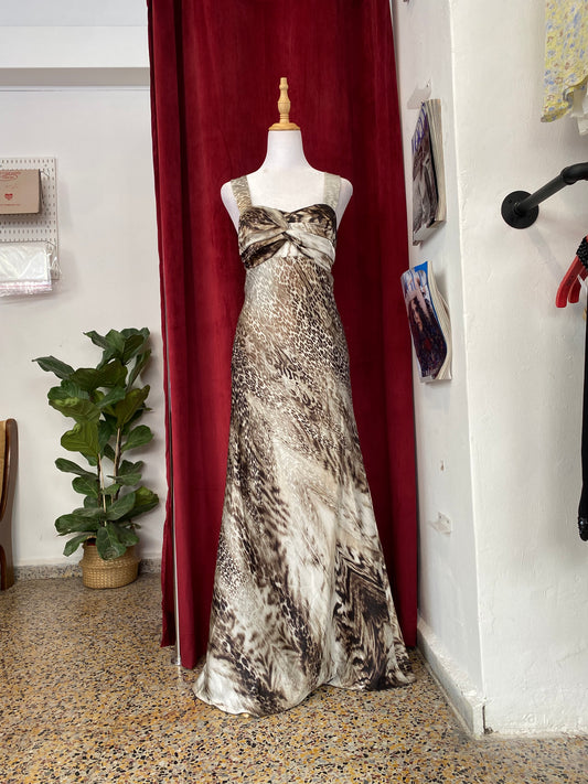 Leopard brand new floor length gown with open back