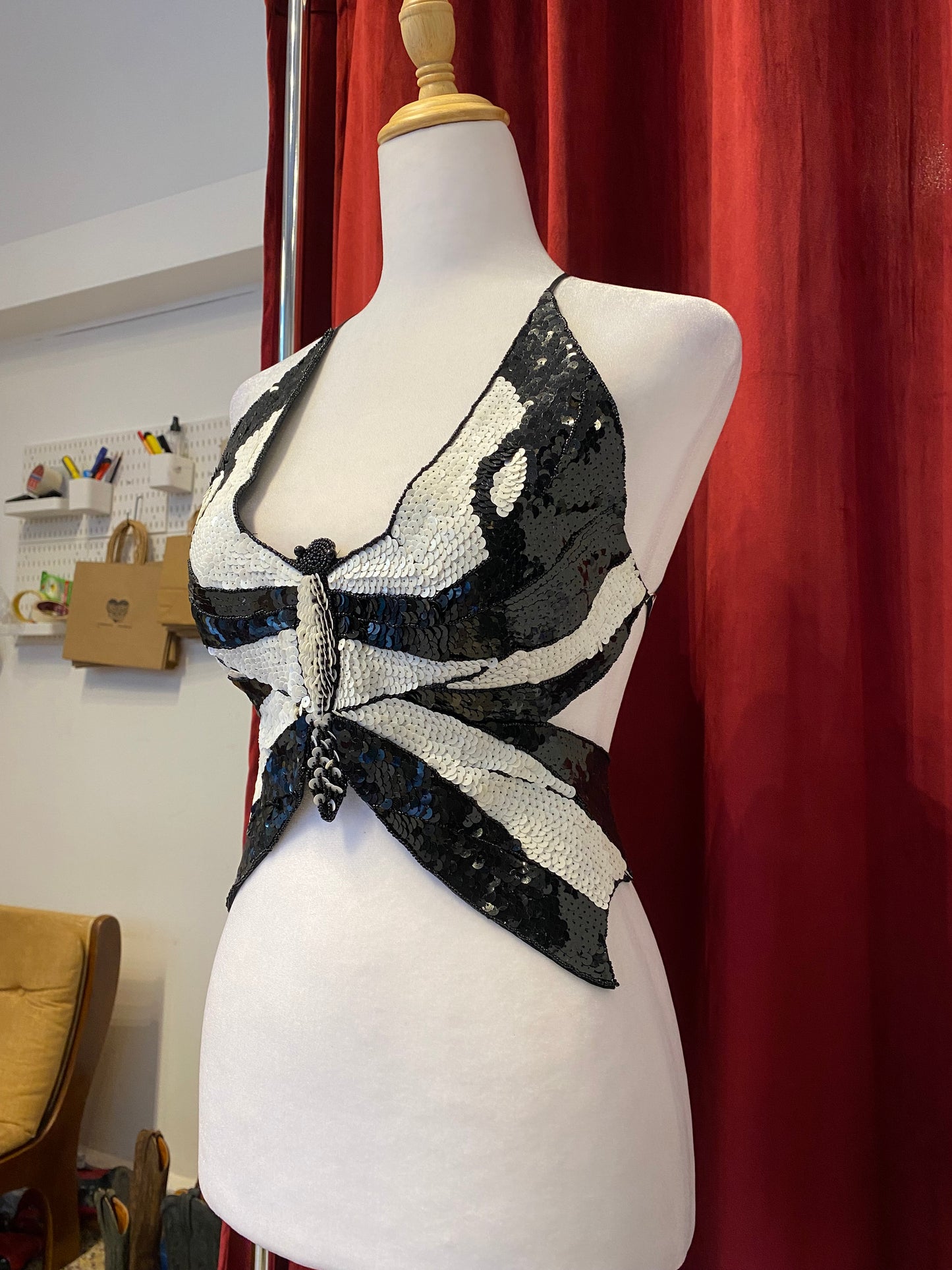 Butterfly y2k top with sequin details and open back