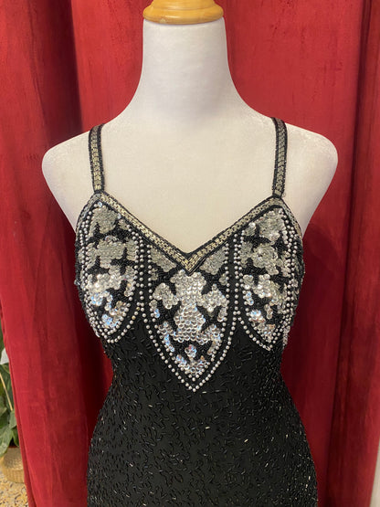 100% silk black dress with all over handbeaded details