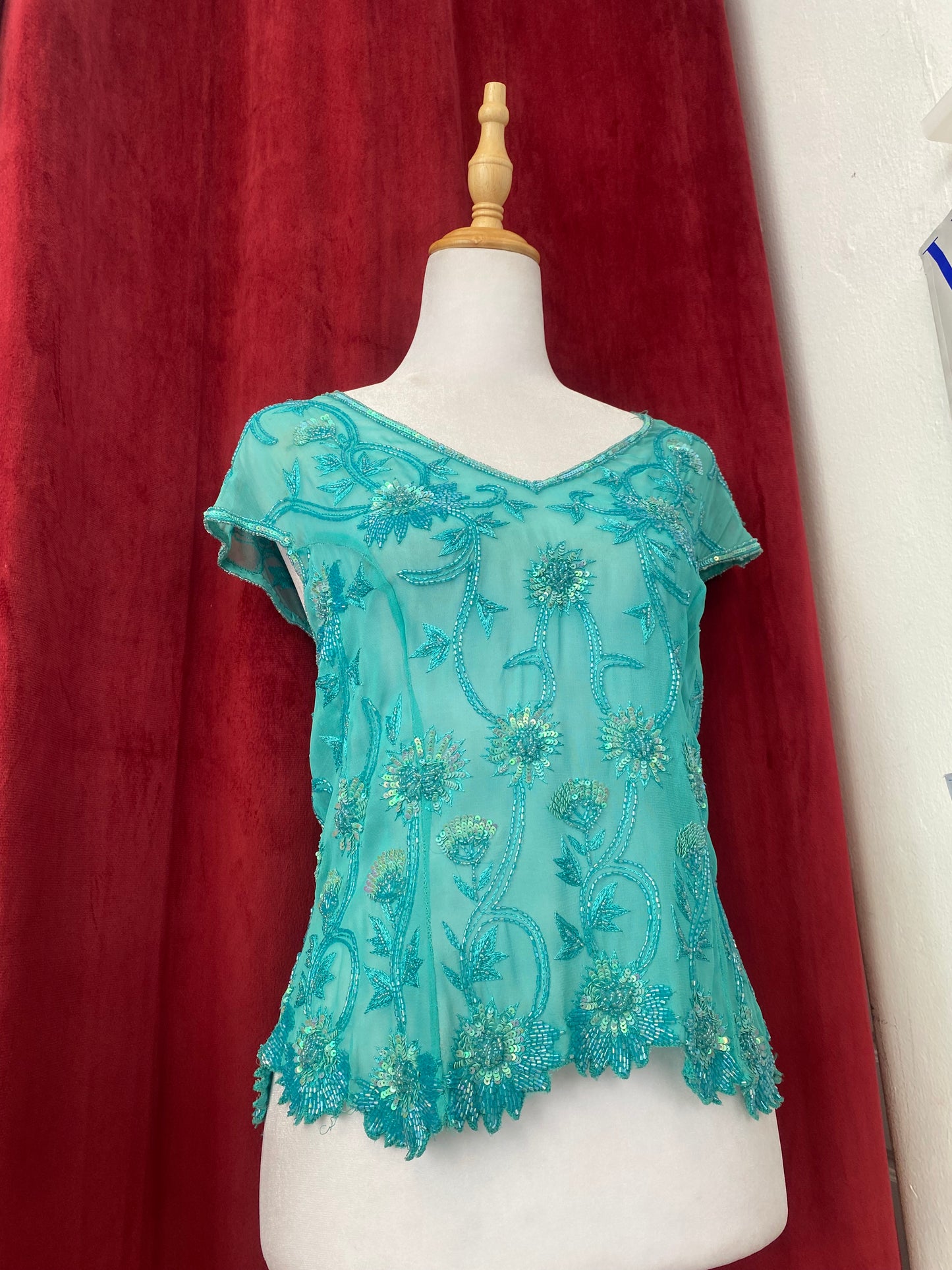 100% silk teal handbeaded top 🩵