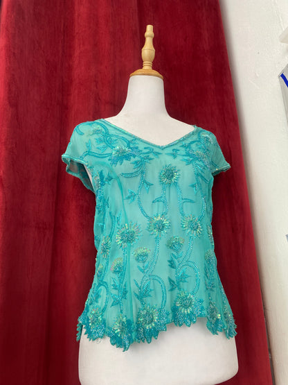 100% silk teal handbeaded top 🩵