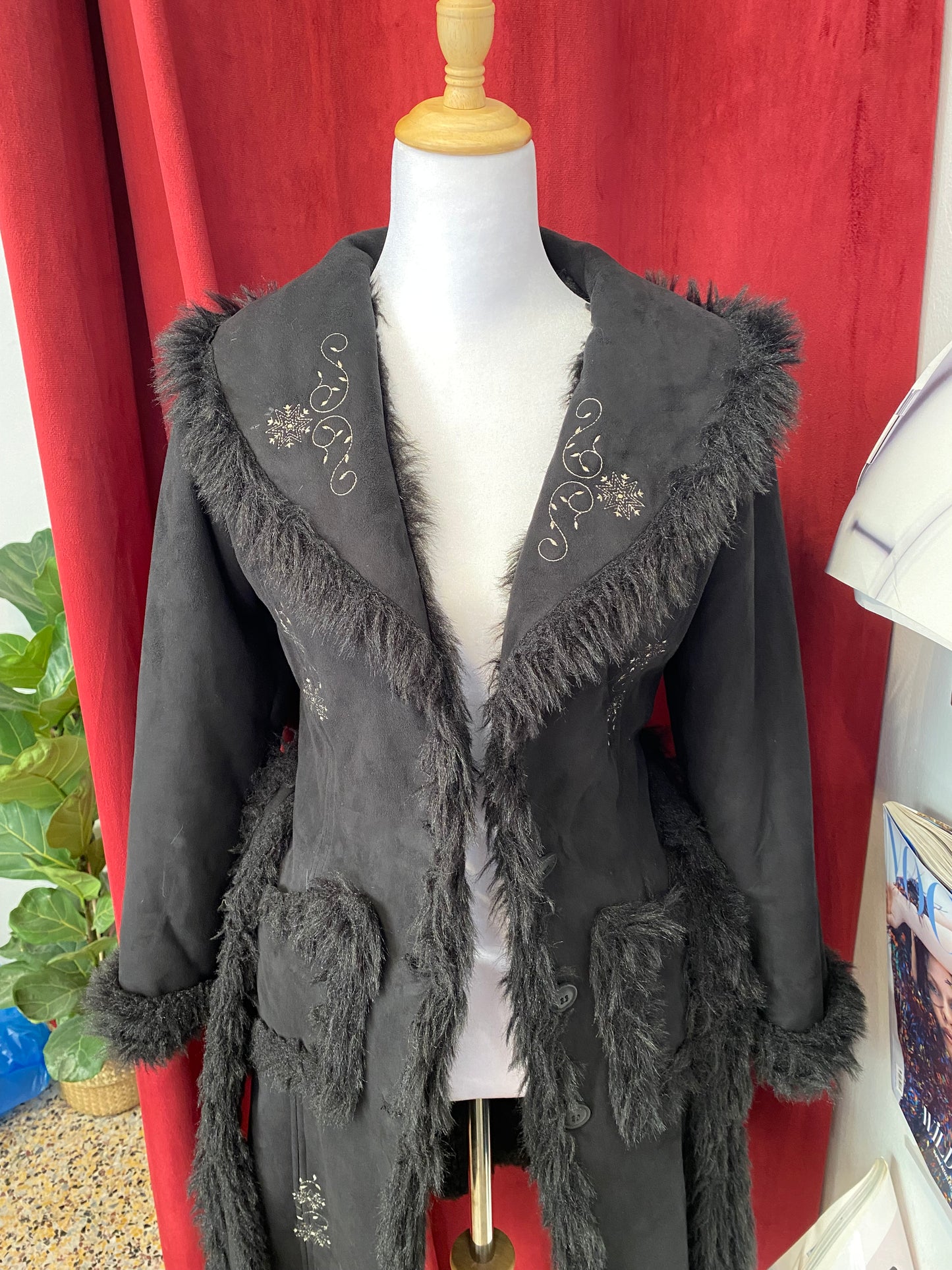 Black long embroidered Afghan coat with vegan fur