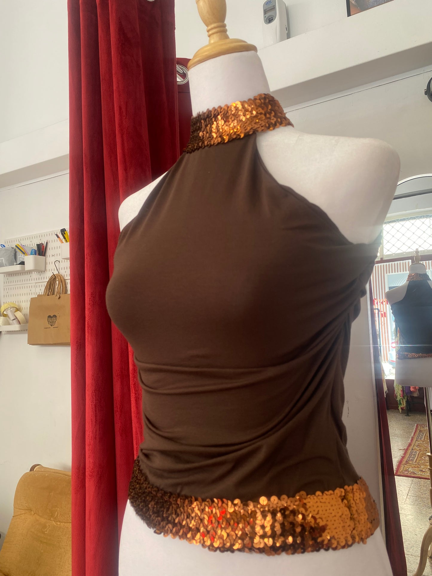 Brand new brown halter top with sequin details