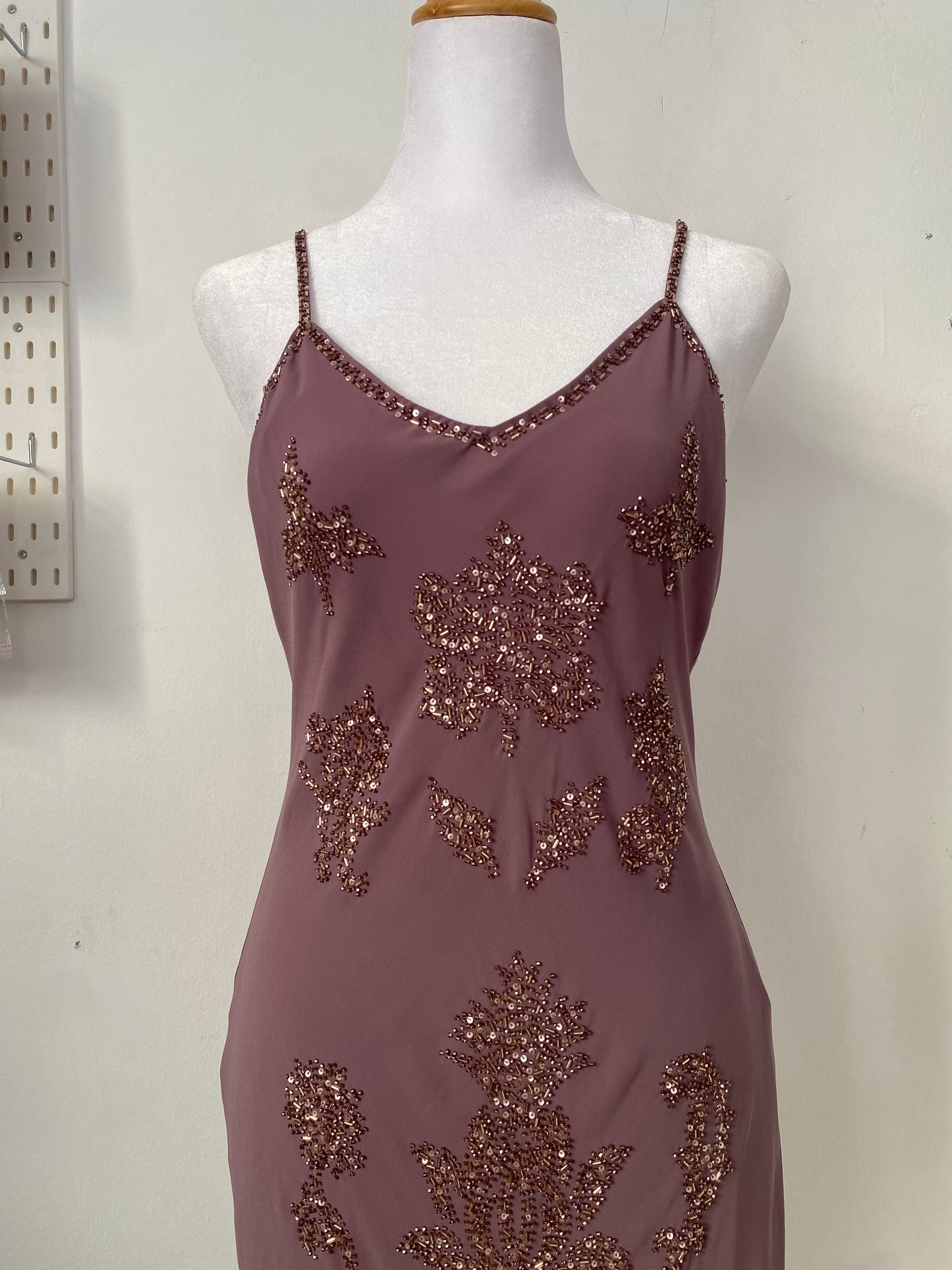 All over handbeaded mauve maxi fairy dress