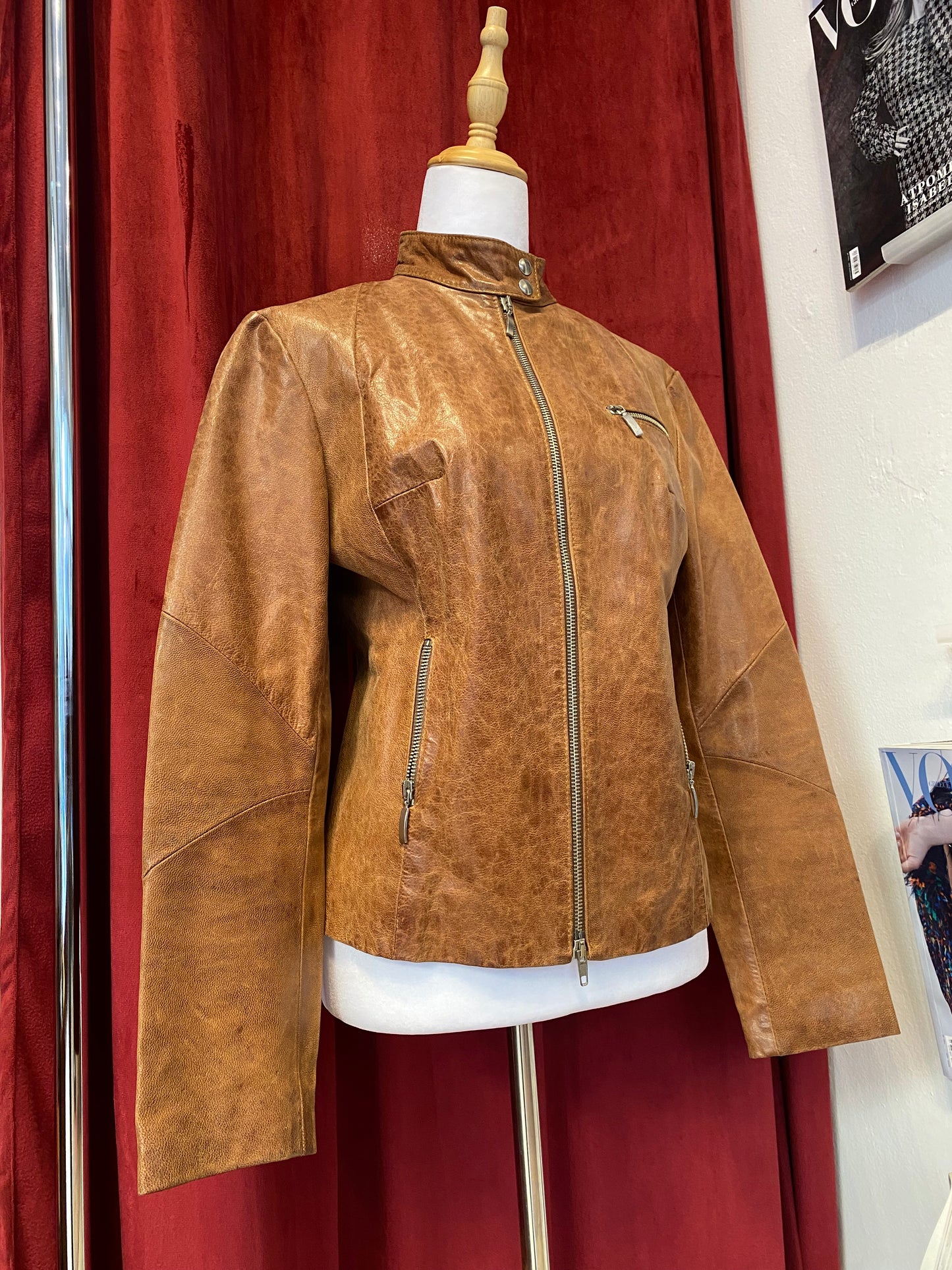 Real leather fitted biker brown leather