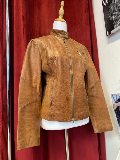 Real leather fitted biker brown leather