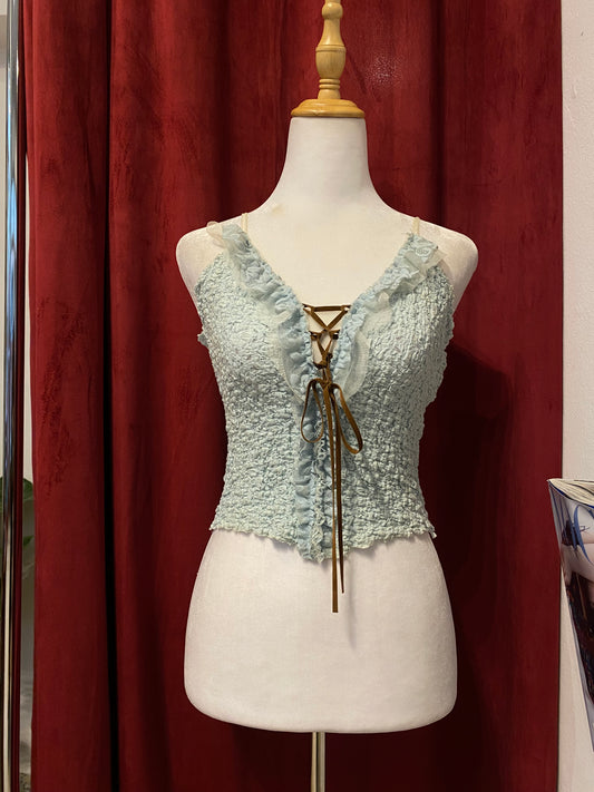 Baby blue rushed top with brown lace up details 🦋