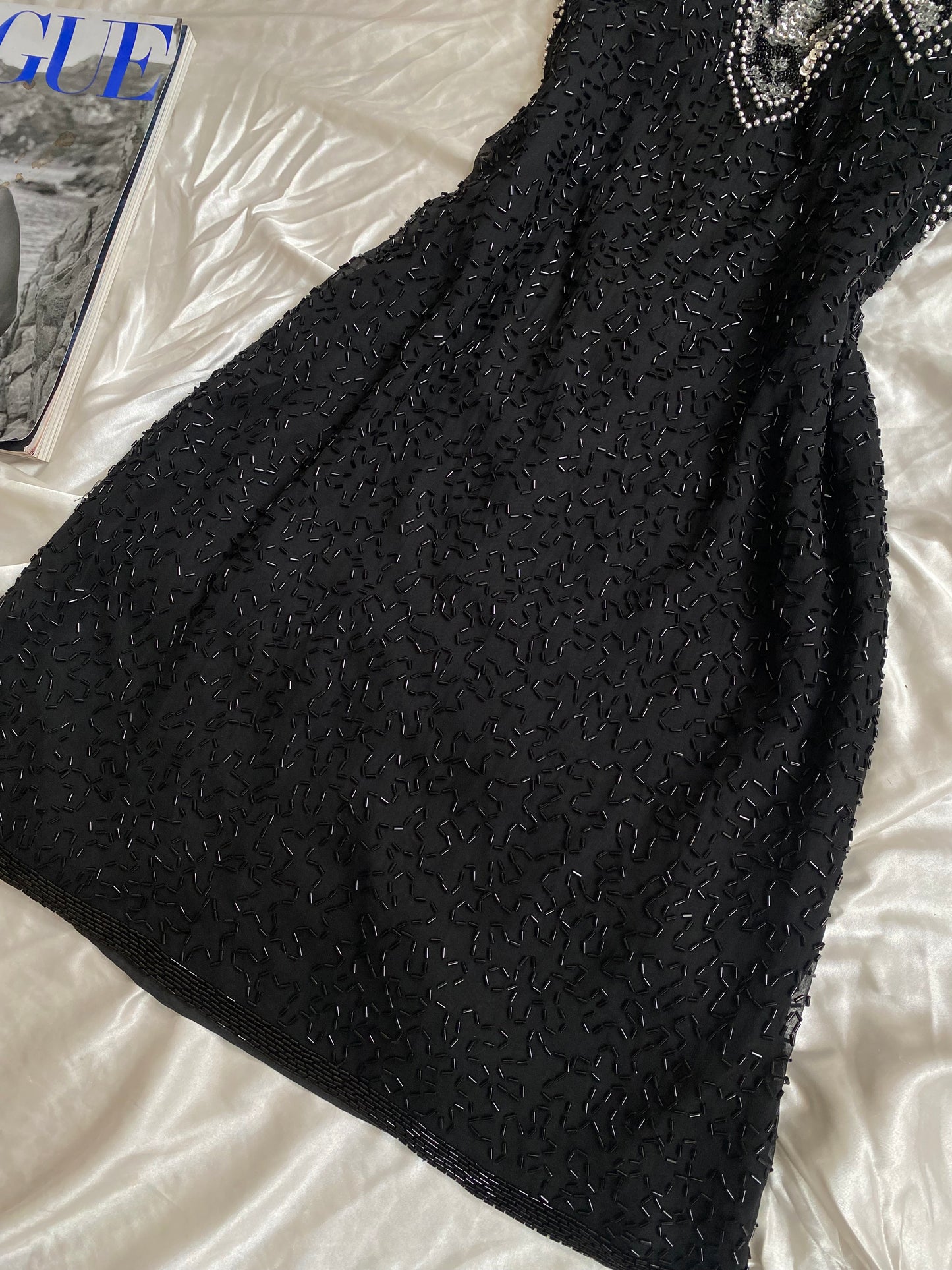 100% silk black dress with all over handbeaded details