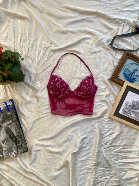 Deep pink lace open back corset