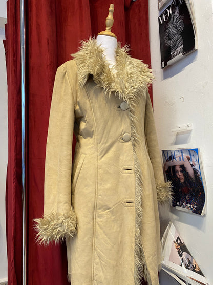 Long beige afghan coat with vegan fur
