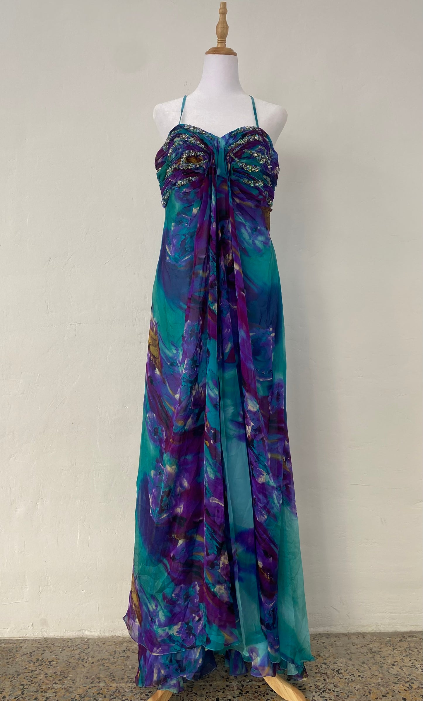 100% silk brand new maxi multicoloured gown with handbeaded details
