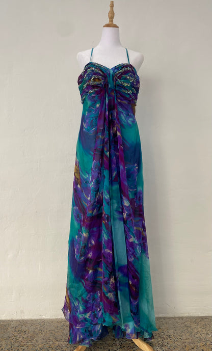 100% silk brand new maxi multicoloured gown with handbeaded details