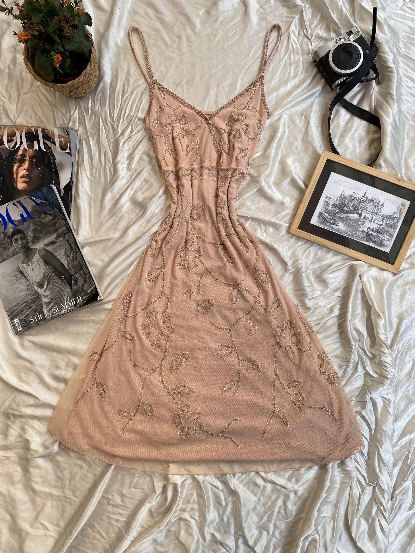 Handbeaded light pink sequin gown