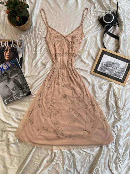 Handbeaded light pink sequin gown