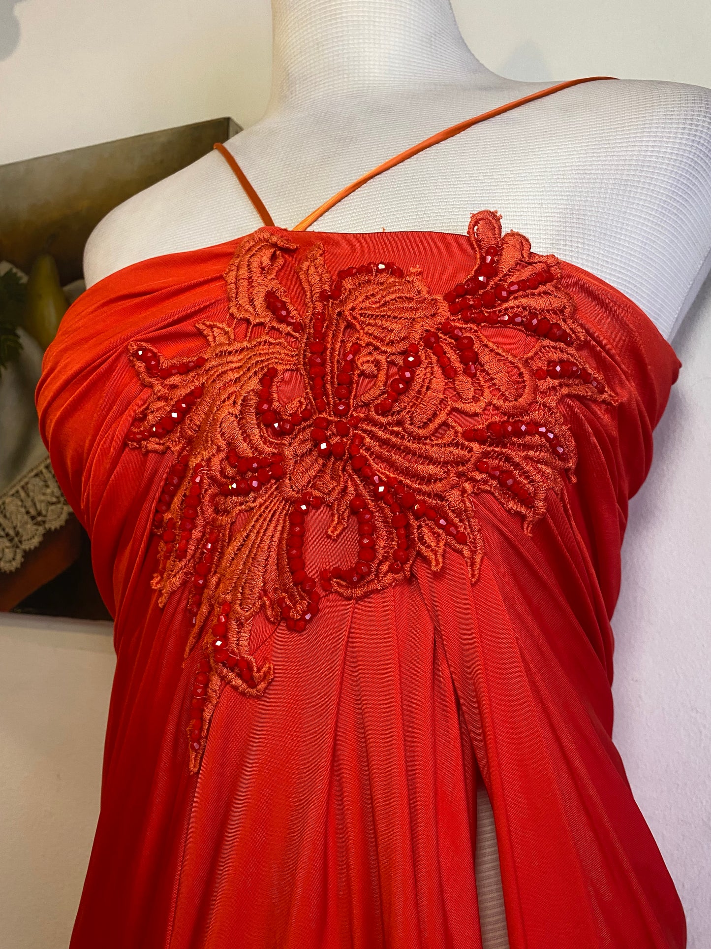 Brand new high slit haute couture orange rushed up dress