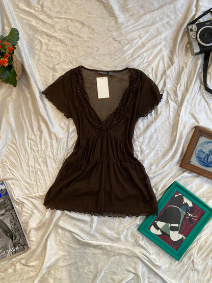 Brown mesh top with sequin details