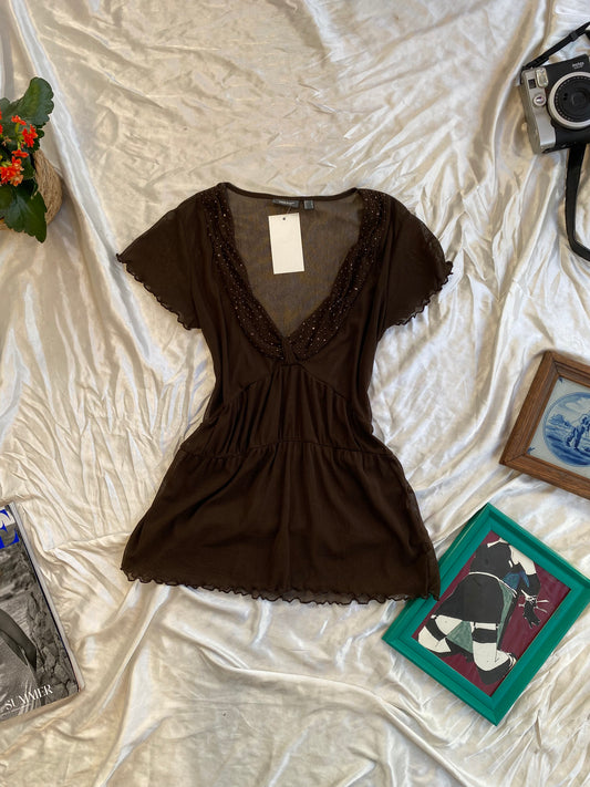 Brown mesh top with sequin details