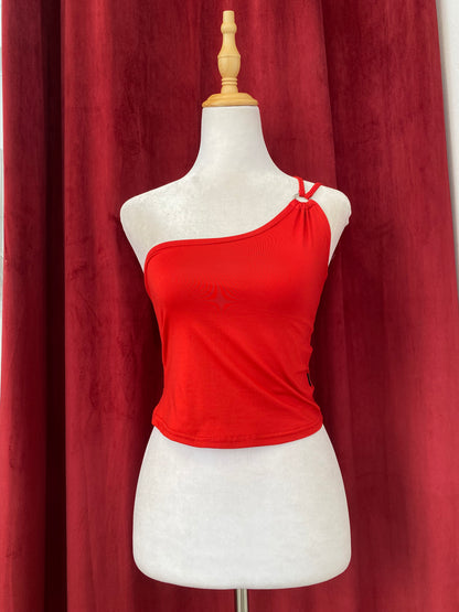 One shoulder red top