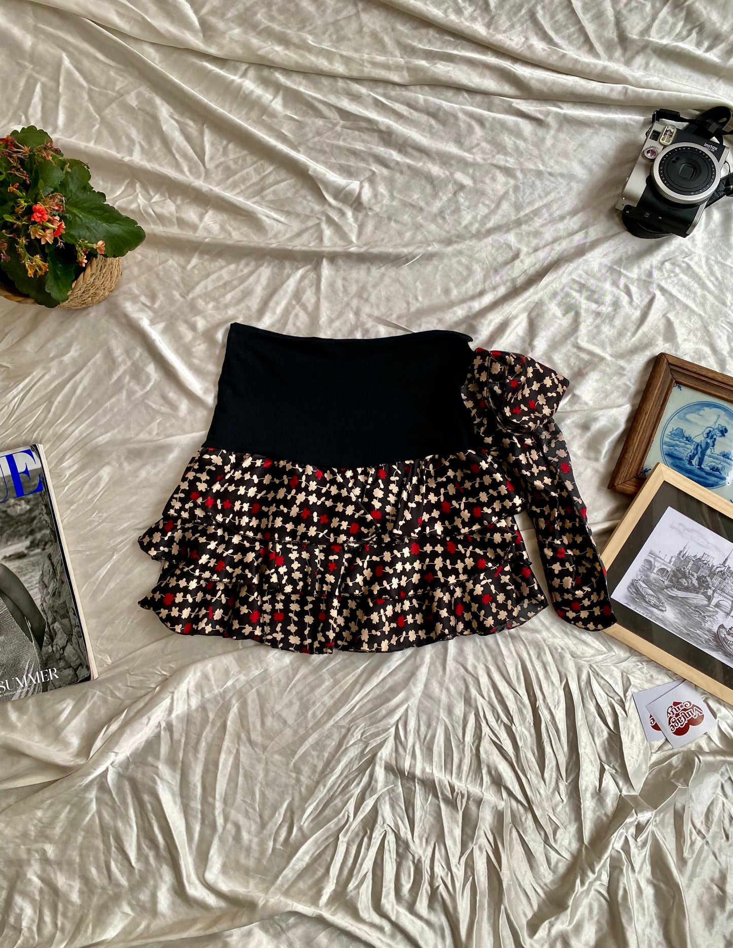 Brand new black ruffled mini satin  skirt