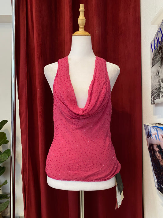 100% silk brand new pink open back handbeaded top 🌸