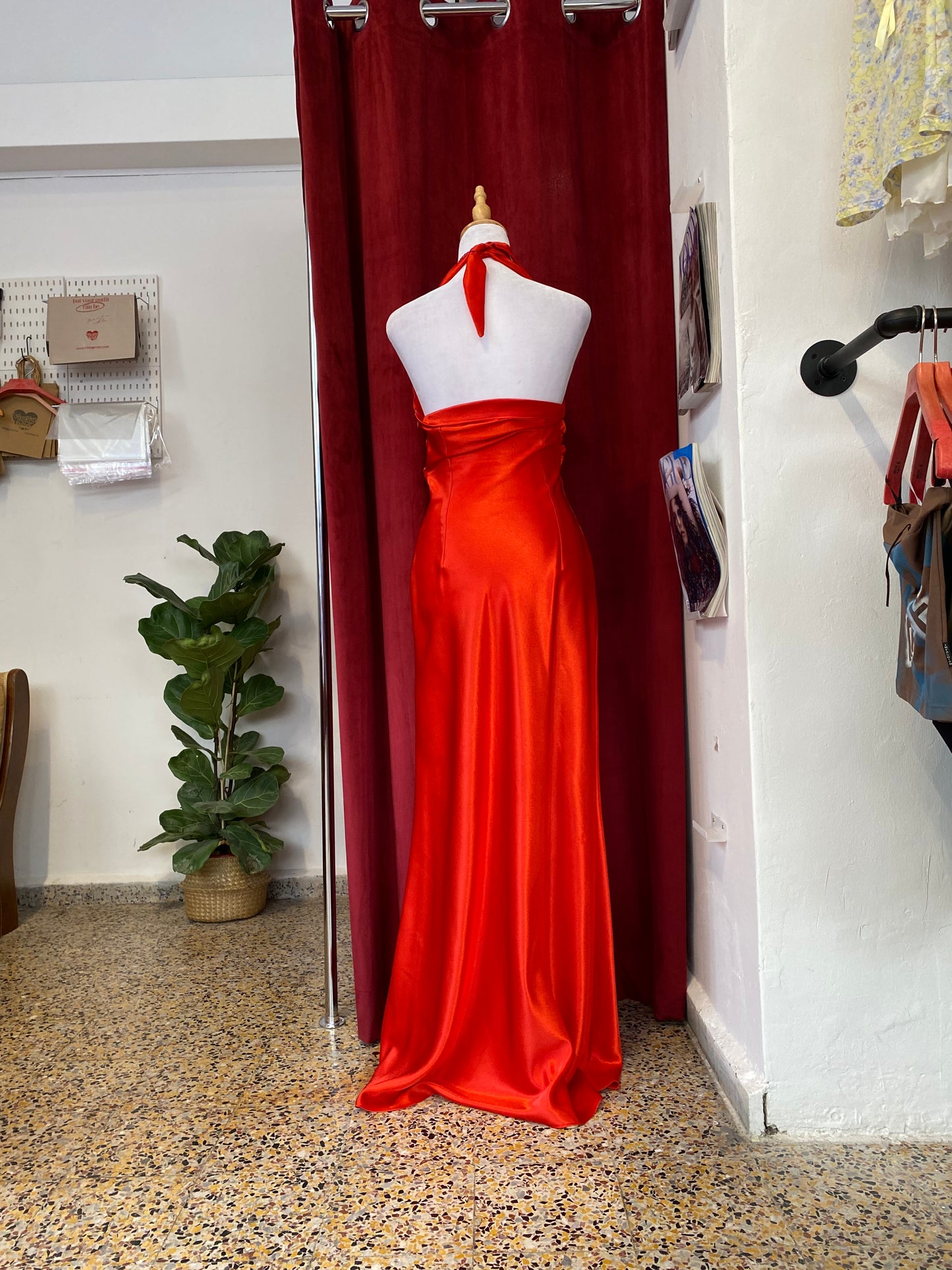Red maxi satin gown with rhinestones